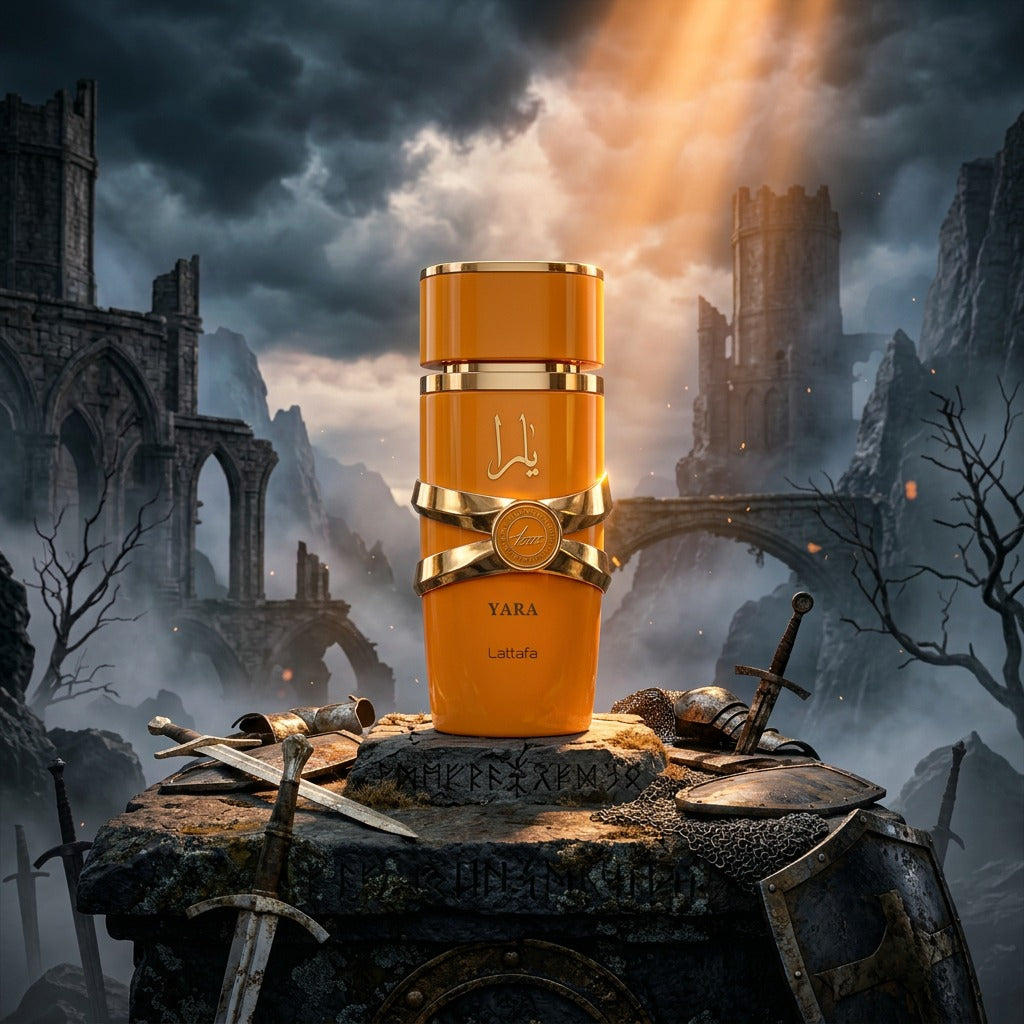 A tall cylindrical orange perfume bottle with gold trim and a gold ribbon label stands centered on a stone pedestal in a dramatic fantasy scene with ruins, swords, and misty mountains under a glowing sky.